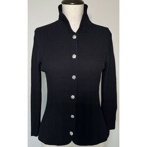 Harold's Ribbed Sweater Womens Medium Black Fitted Rhinestone‎ Buttons